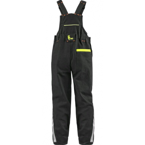 Detské montérkové nohavice na traky CXS GARFIELD, čierne s HV žlto-oranžovými doplnkami