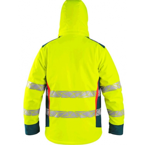 Pánska zimná výstražná softshellová bunda CXS BEDFORD WINTER, HI-VIS, žlto-petrolejová